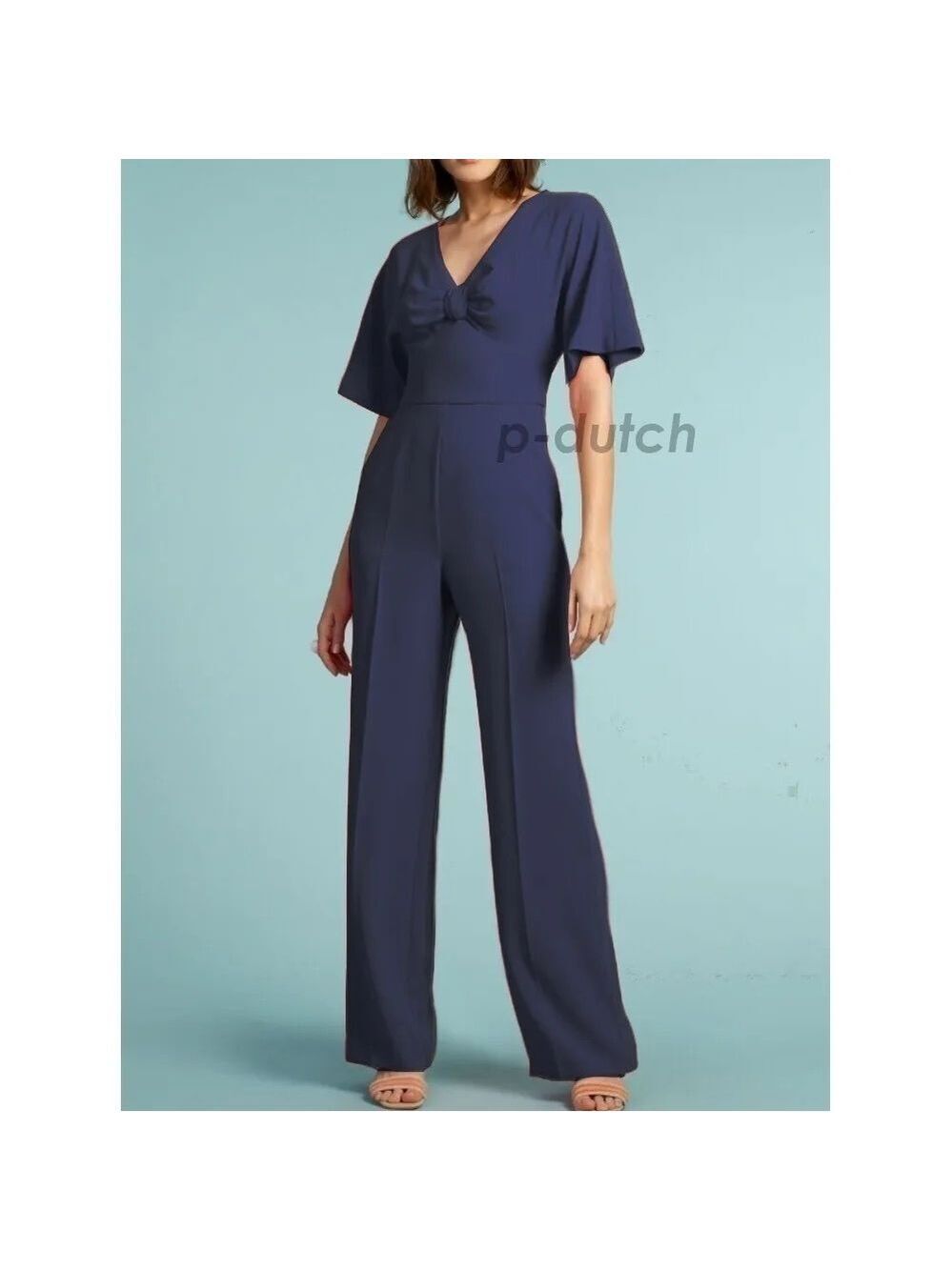 Trina Turk Indigo Blue Bow Wide Leg Eden Roc Jumpsuit. Size 4